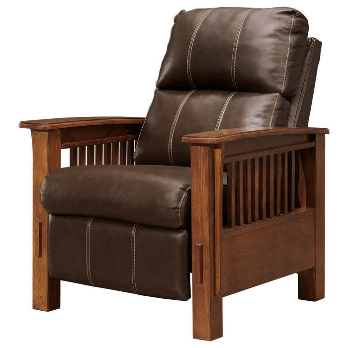 Leatherette High Leg Recliner with Wooden Frame and Track Armrests, Brown