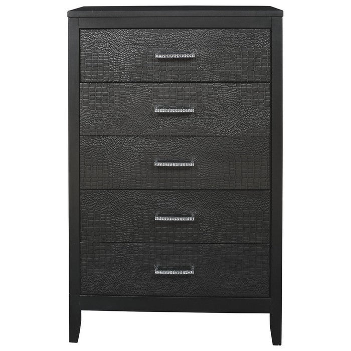 5 Drawer Wooden Chest with Embossed Textured Details, Dark Gray