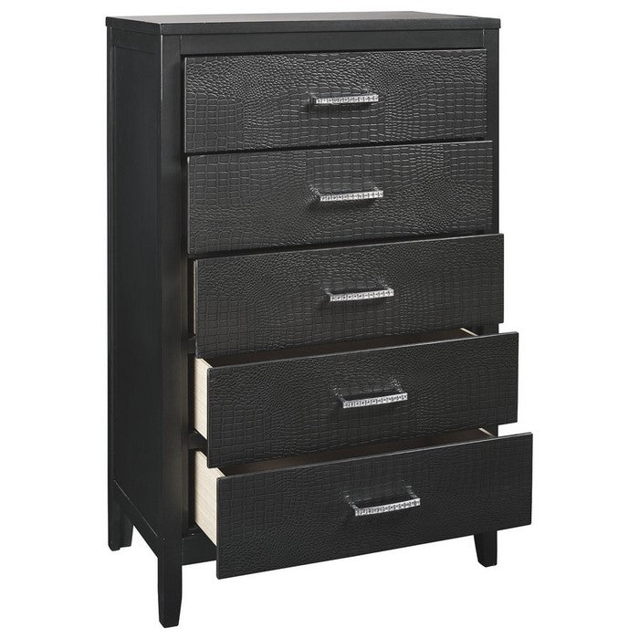 5 Drawer Wooden Chest with Embossed Textured Details, Dark Gray