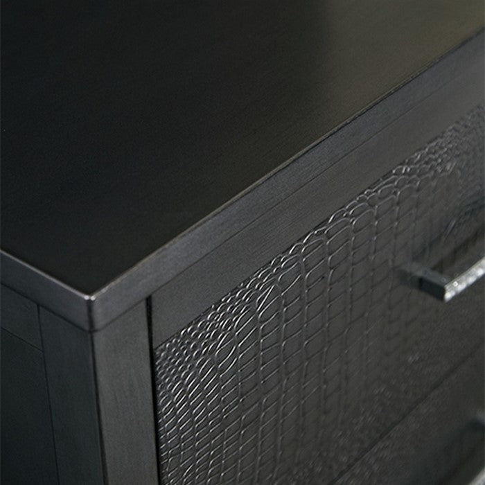 5 Drawer Wooden Chest with Embossed Textured Details, Dark Gray