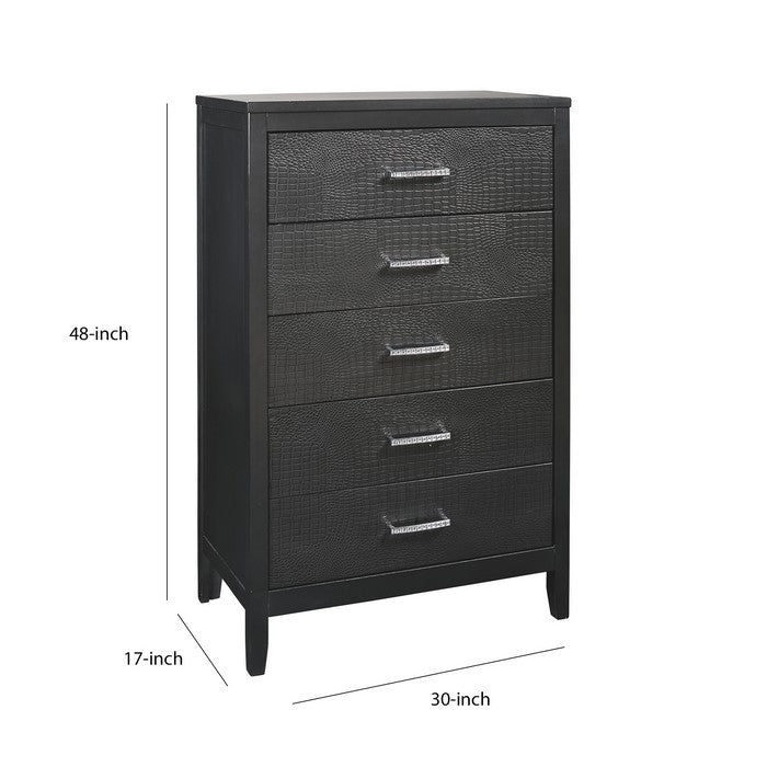 5 Drawer Wooden Chest with Embossed Textured Details, Dark Gray