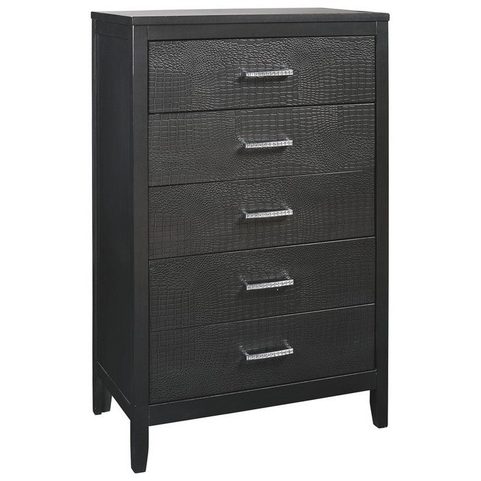 5 Drawer Wooden Chest with Embossed Textured Details, Dark Gray