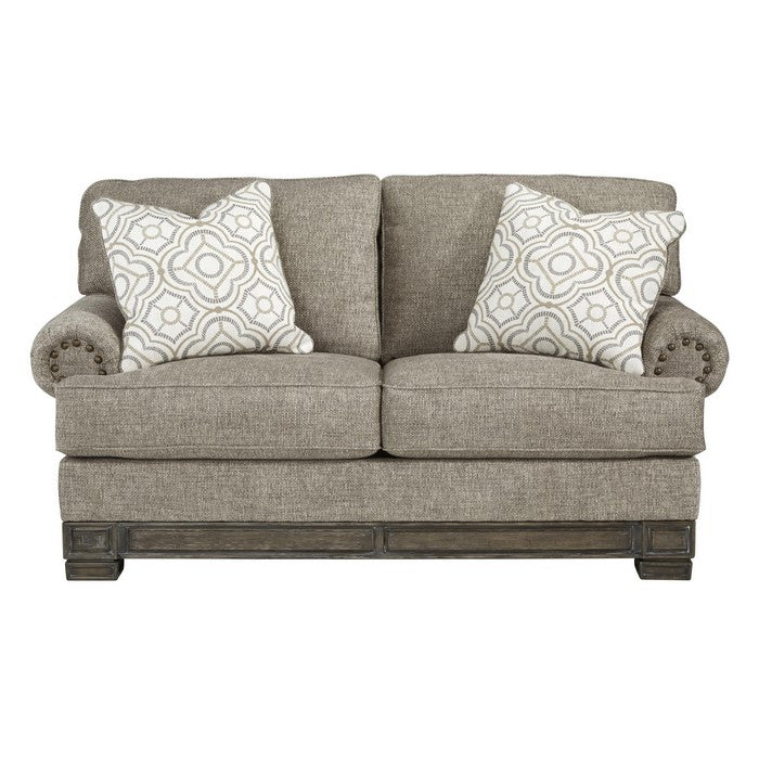 Nailhead Trim Fabric Upholstered Loveseat with Flared Rolled Arms, Gray