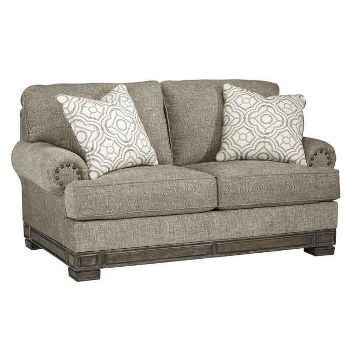 Nailhead Trim Fabric Upholstered Loveseat with Flared Rolled Arms, Gray