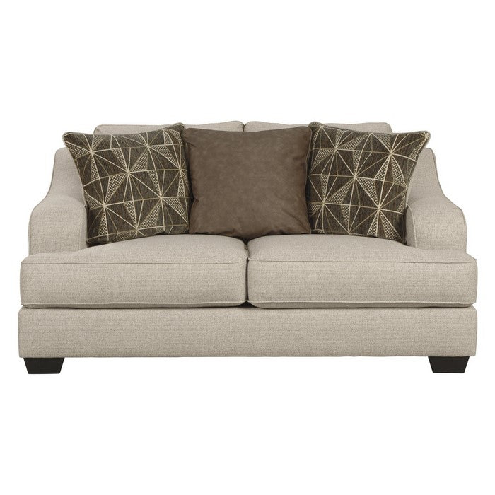 Fabric Upholstered Loveseat with Sloped Arms and T Cushioned Seat, Beige