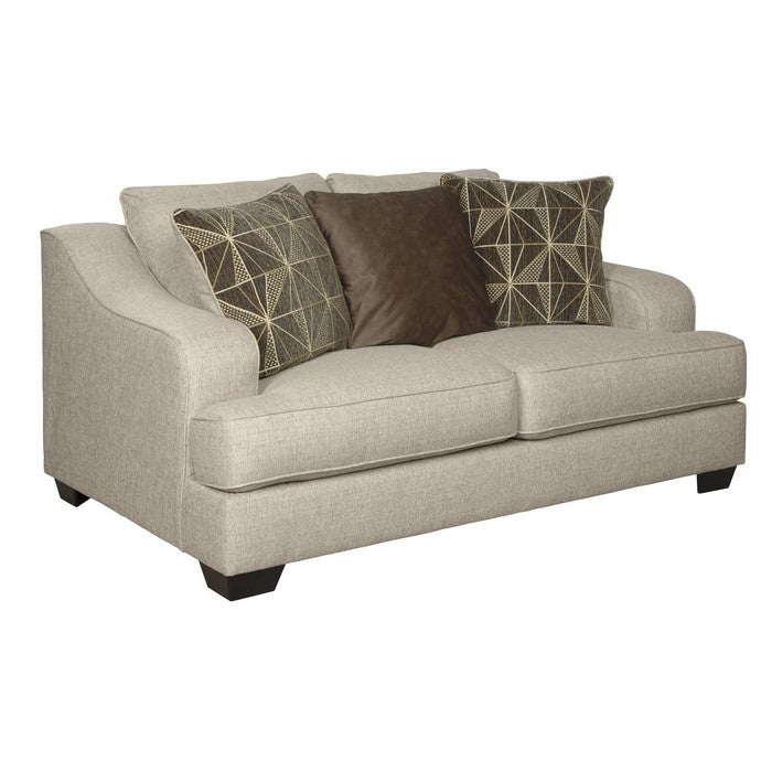 Fabric Upholstered Loveseat with Sloped Arms and T Cushioned Seat, Beige