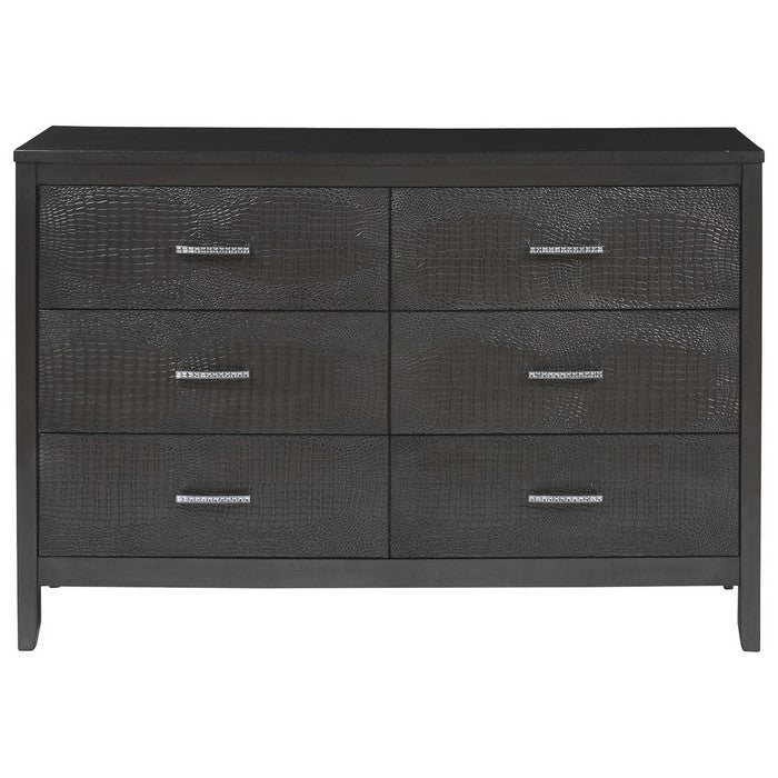 6 Drawer Wooden Dresser with Embossed Textured Details, Dark Gray