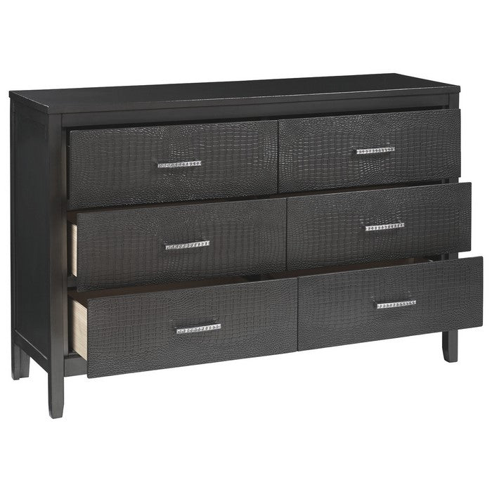 6 Drawer Wooden Dresser with Embossed Textured Details, Dark Gray