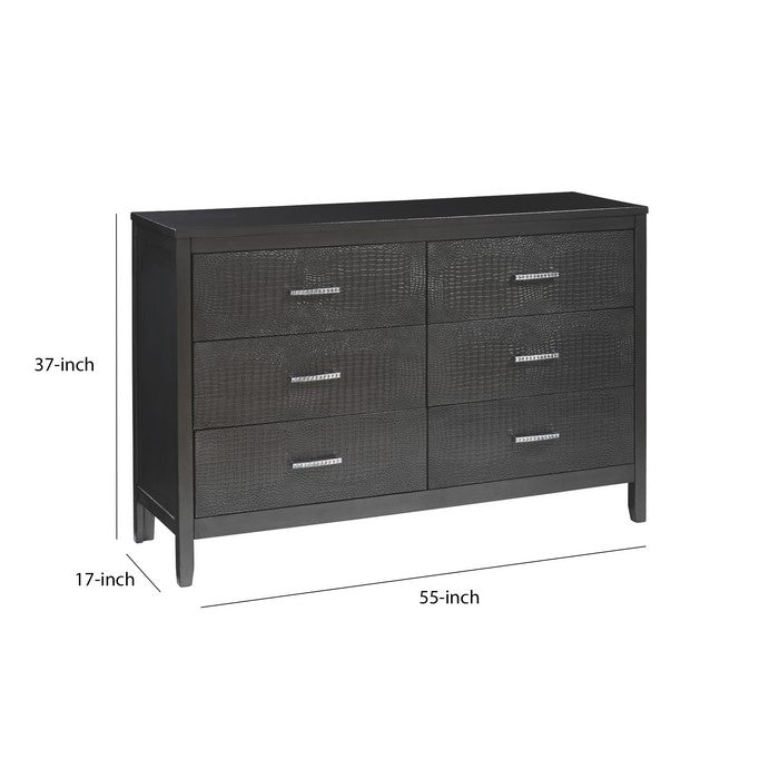 6 Drawer Wooden Dresser with Embossed Textured Details, Dark Gray