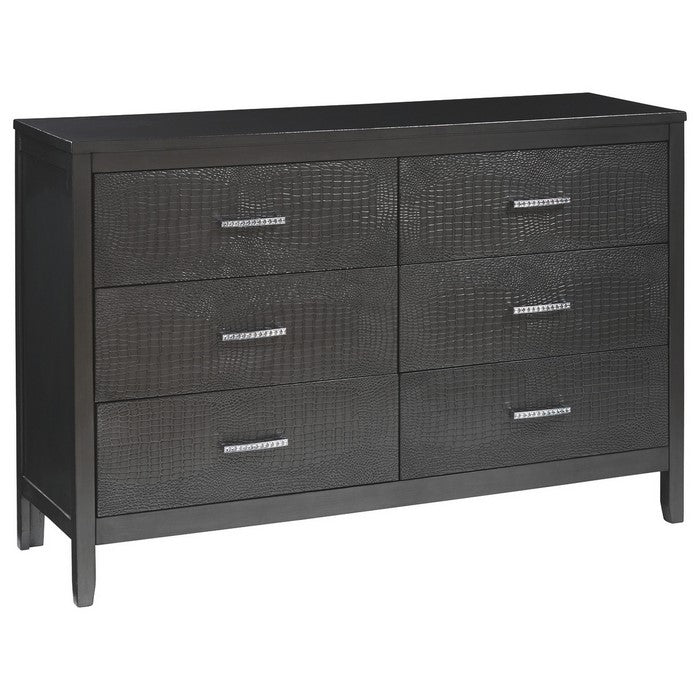 6 Drawer Wooden Dresser with Embossed Textured Details, Dark Gray