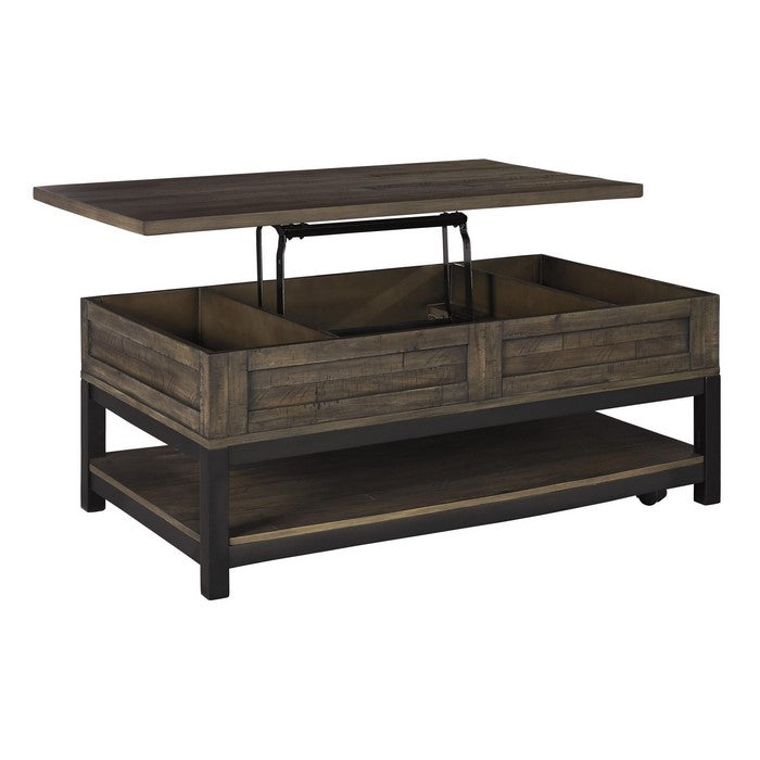 Rectangular Lift Top Wooden Cocktail Table with Open Shelf, Brown