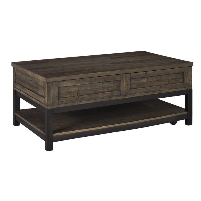 Rectangular Lift Top Wooden Cocktail Table with Open Shelf, Brown