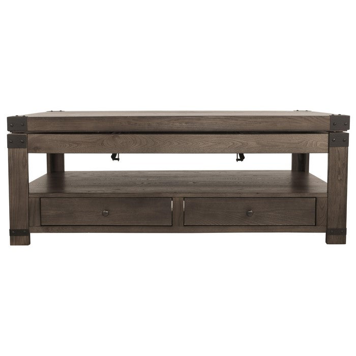 2 Drawer Rectangular Lift Top Cocktail Table with Open Bottom Shelf, Brown