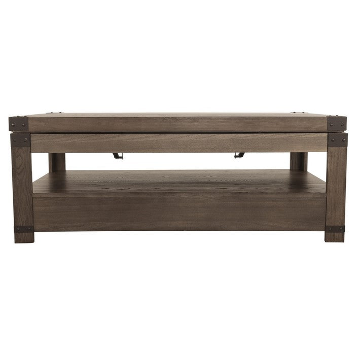 2 Drawer Rectangular Lift Top Cocktail Table with Open Bottom Shelf, Brown