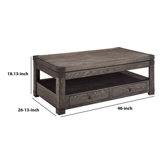 2 Drawer Rectangular Lift Top Cocktail Table with Open Bottom Shelf, Brown
