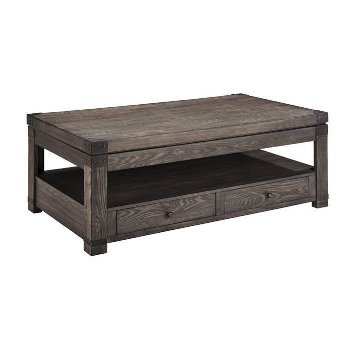 2 Drawer Rectangular Lift Top Cocktail Table with Open Bottom Shelf, Brown