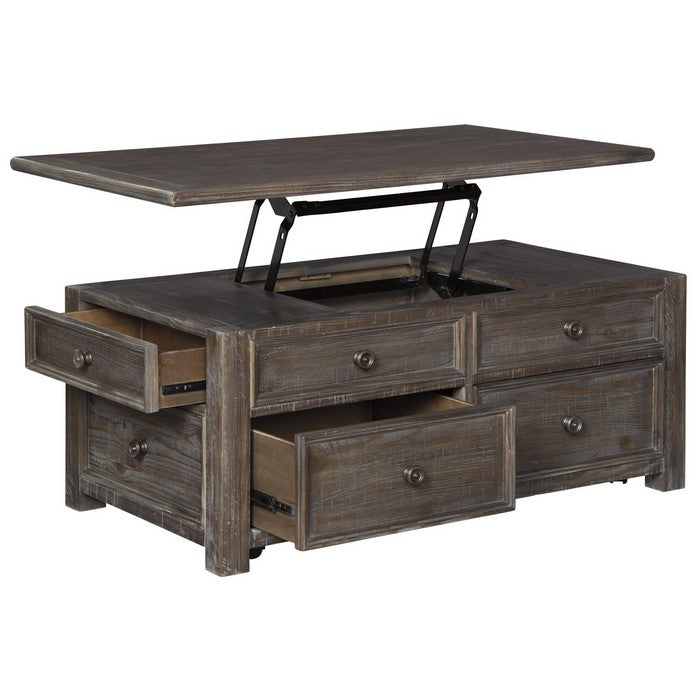 Rectangular Lift Top Wooden Cocktail Table with 4 Drawers, Rustic Brown