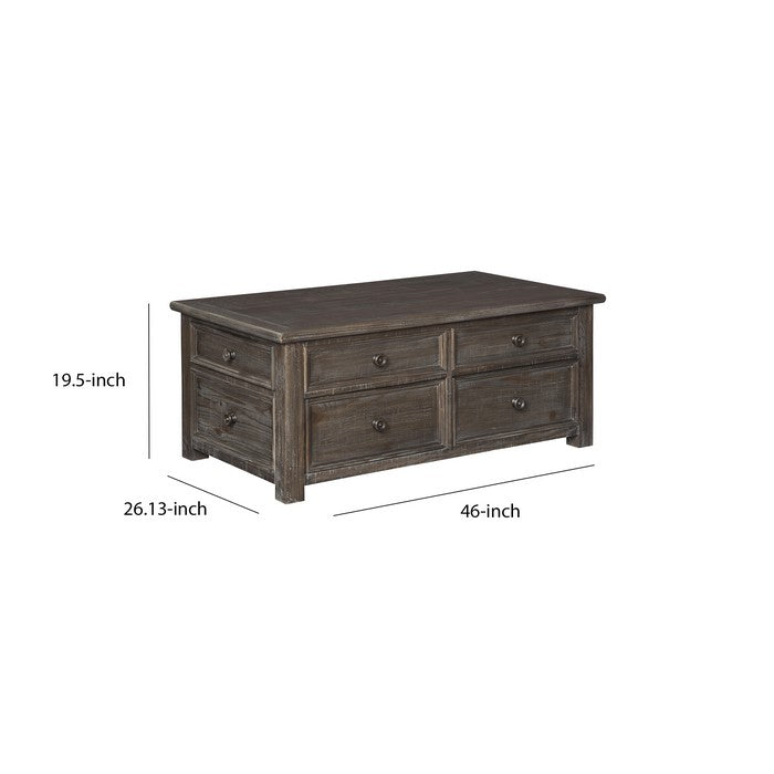 Rectangular Lift Top Wooden Cocktail Table with 4 Drawers, Rustic Brown