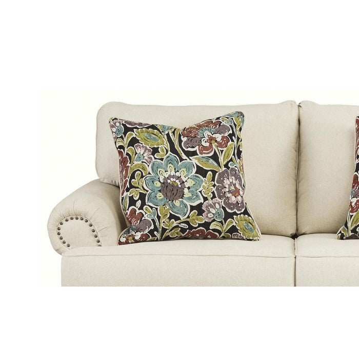 Nailhead Trim Fabric Upholstered Loveseat with Rolled Arms, Cream