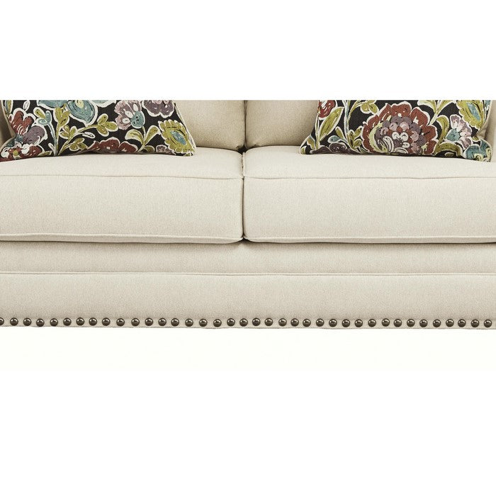 Nailhead Trim Fabric Upholstered Loveseat with Rolled Arms, Cream
