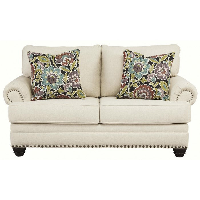 Nailhead Trim Fabric Upholstered Loveseat with Rolled Arms, Cream