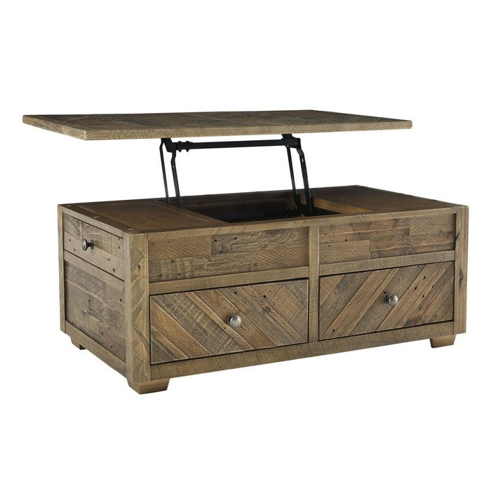 Wooden Lift Top Cocktail Table with 4 Drawers and Knots Details, Brown