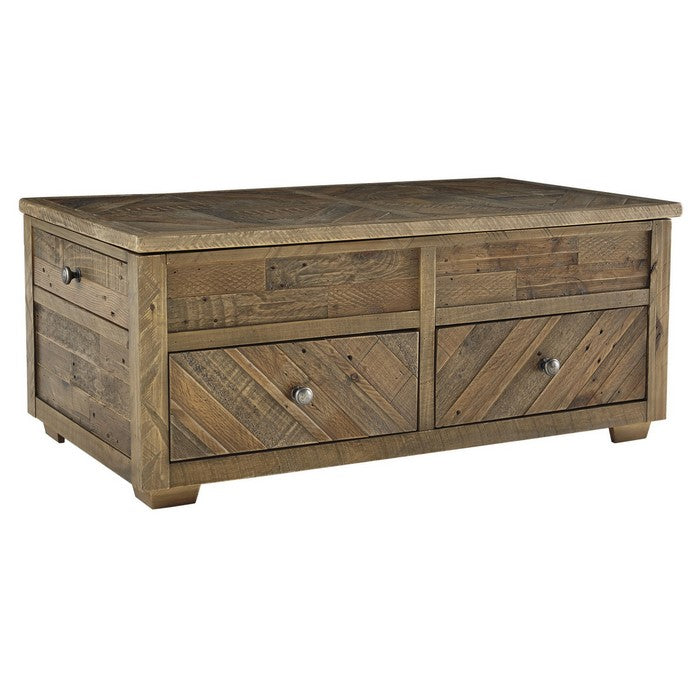Wooden Lift Top Cocktail Table with 4 Drawers and Knots Details, Brown