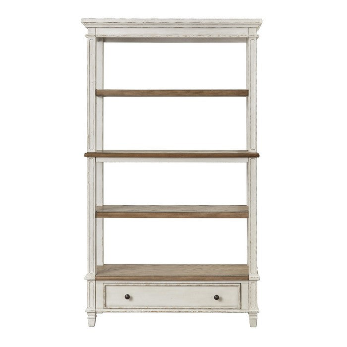 Wooden Bookcase with 4 Tier Shelves and Bottom Drawer, Brown and White