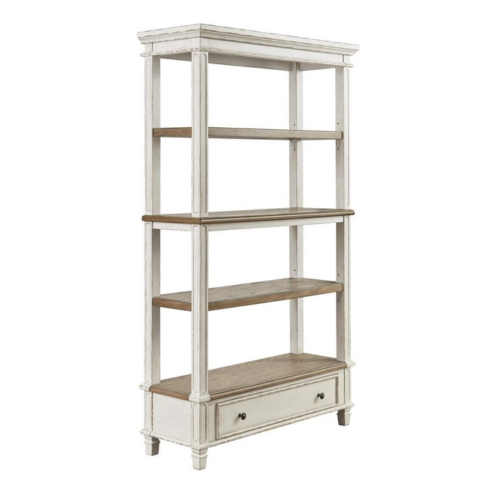 Wooden Bookcase with 4 Tier Shelves and Bottom Drawer, Brown and White