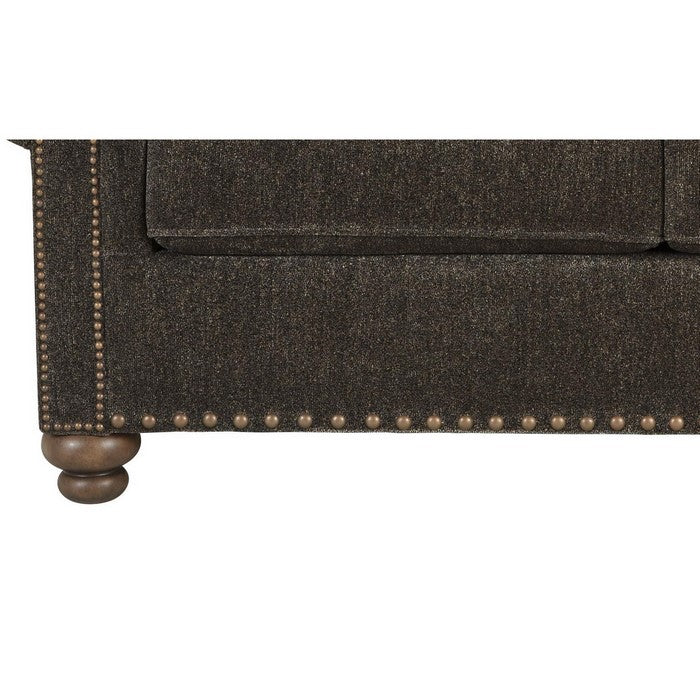 Nailhead Trim Fabric Upholstered Loveseat with Bun Feet, Brown