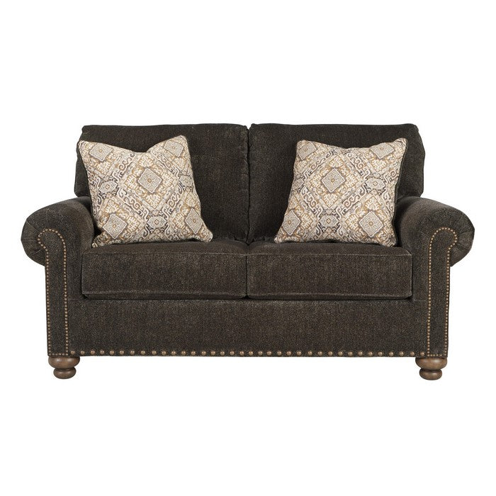 Nailhead Trim Fabric Upholstered Loveseat with Bun Feet, Brown