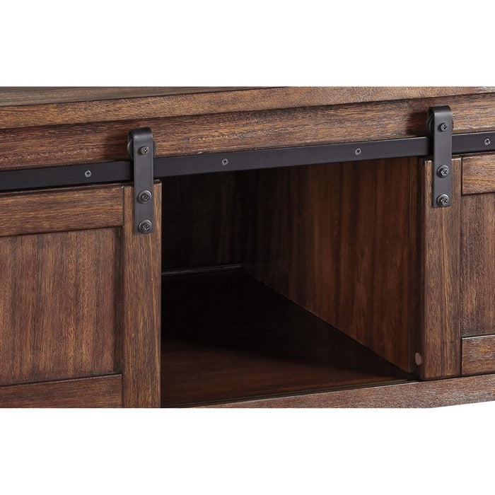 Rectangular Wooden Cocktail Table with 2 Barn Sliding Door Cabinets, Brown