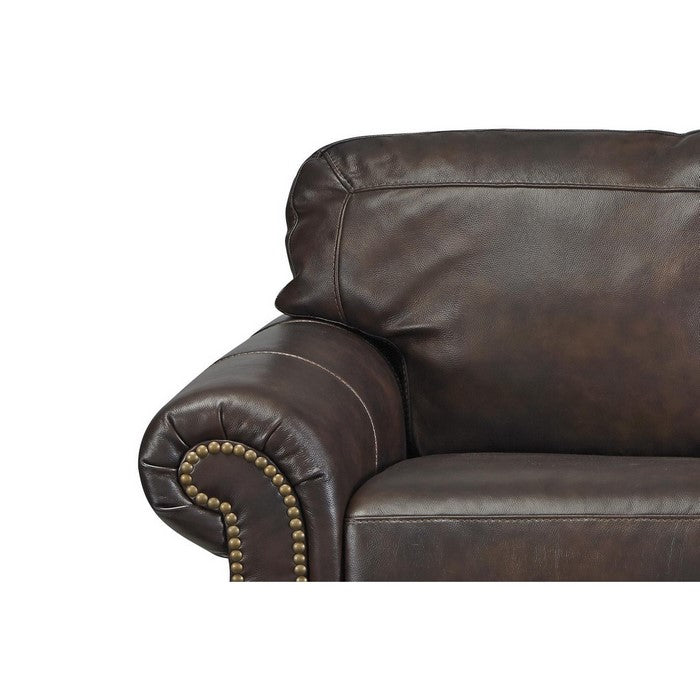 Nailhead Trim Leatherette Loveseat with Rolled Armrests, Dark Brown