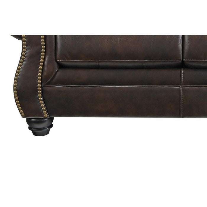 Nailhead Trim Leatherette Loveseat with Rolled Armrests, Dark Brown