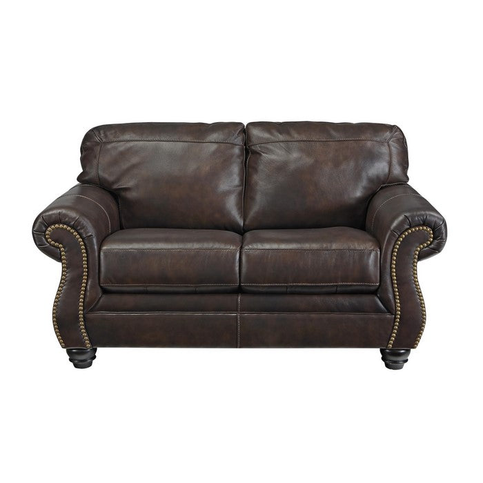 Nailhead Trim Leatherette Loveseat with Rolled Armrests, Dark Brown