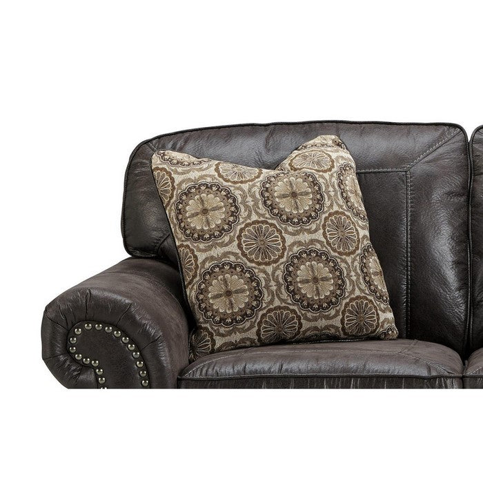 Nailhead Trim Leatherette Loveseat with Rolled Armrests, Charcoal Gray
