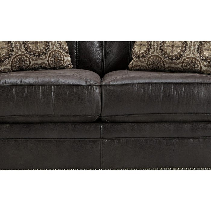 Nailhead Trim Leatherette Loveseat with Rolled Armrests, Charcoal Gray