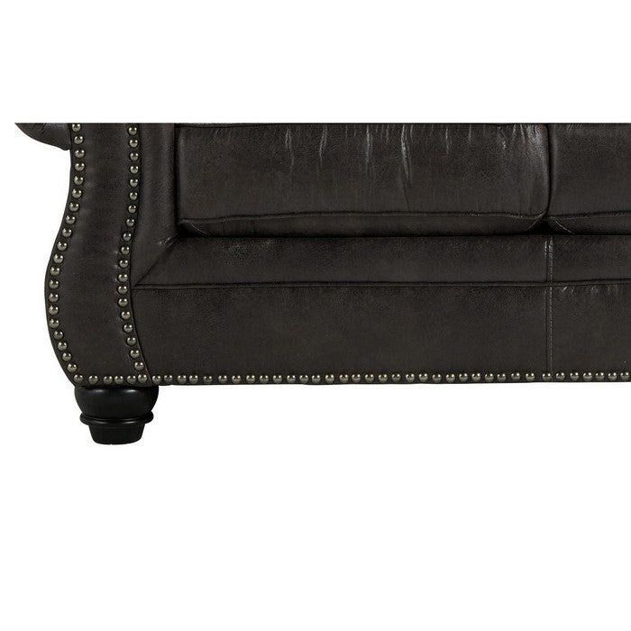 Nailhead Trim Leatherette Loveseat with Rolled Armrests, Charcoal Gray