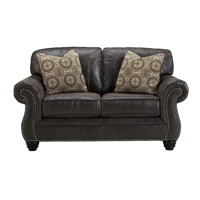 Nailhead Trim Leatherette Loveseat with Rolled Armrests, Charcoal Gray