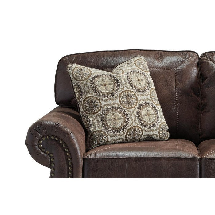 Nailhead Trim Leatherette Loveseat with Rolled Armrests, Espresso Brown