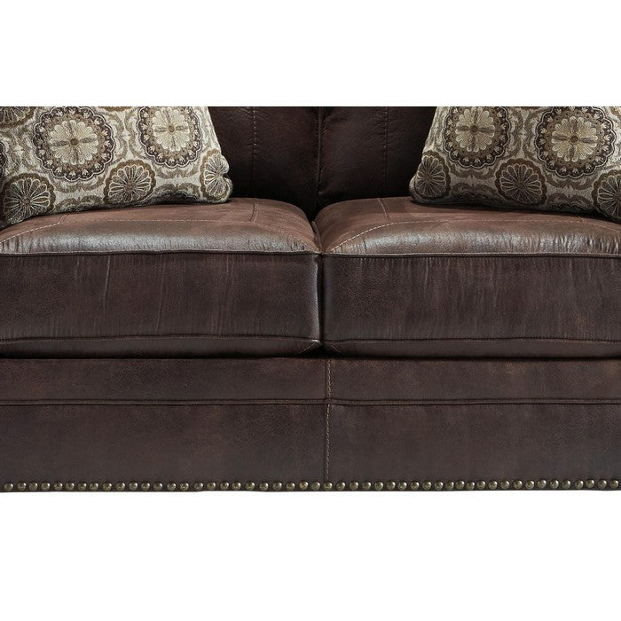 Nailhead Trim Leatherette Loveseat with Rolled Armrests, Espresso Brown