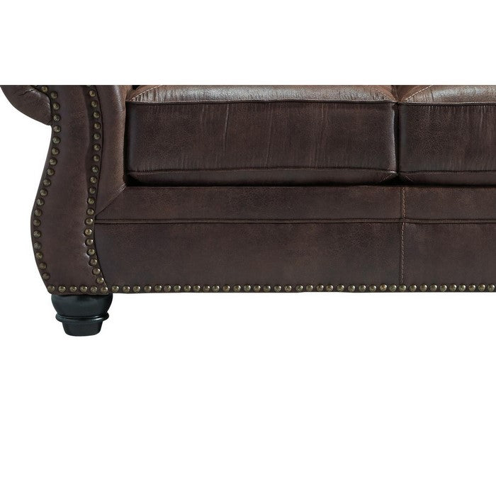 Nailhead Trim Leatherette Loveseat with Rolled Armrests, Espresso Brown