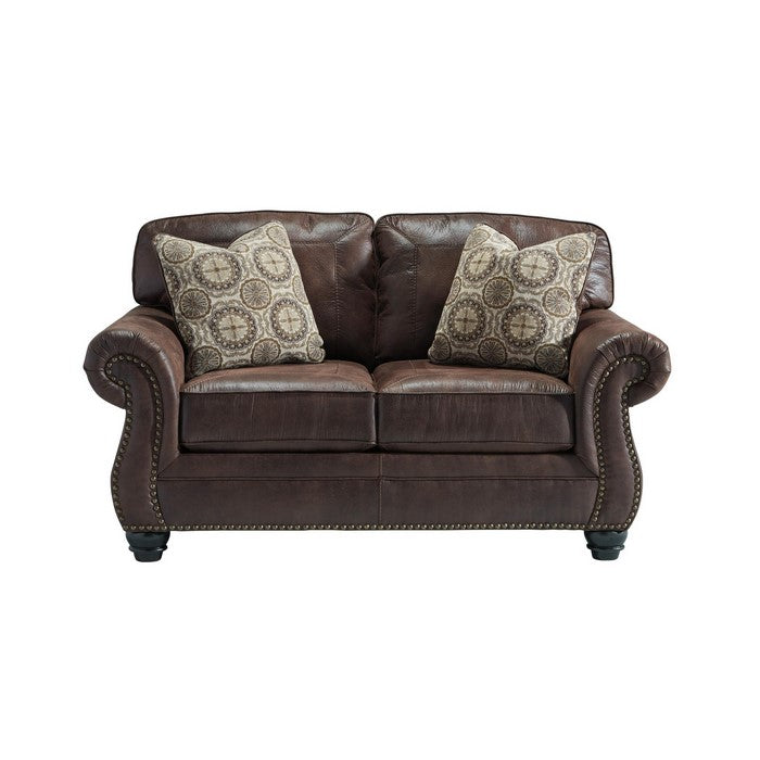 Nailhead Trim Leatherette Loveseat with Rolled Armrests, Espresso Brown