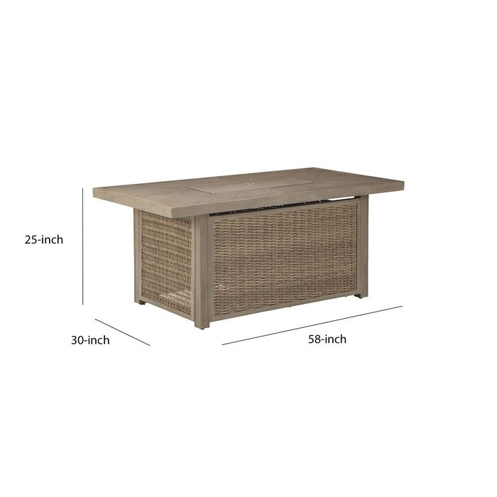 Wicker Woven Aluminum Frame Rectangular Fire Pit Table, Brown