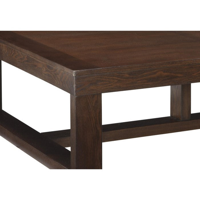Grained Wooden Frame Cocktail Table with Trestle Base, Dark Brown