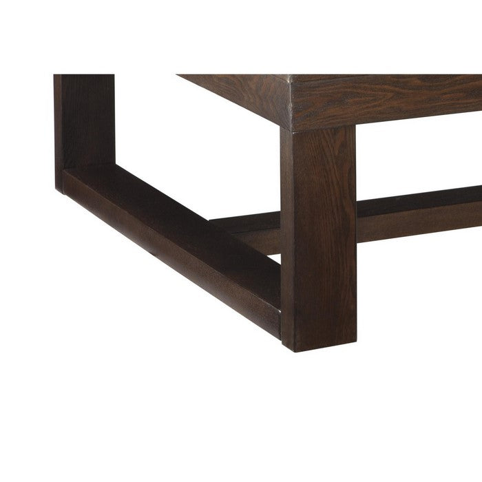 Grained Wooden Frame Cocktail Table with Trestle Base, Dark Brown