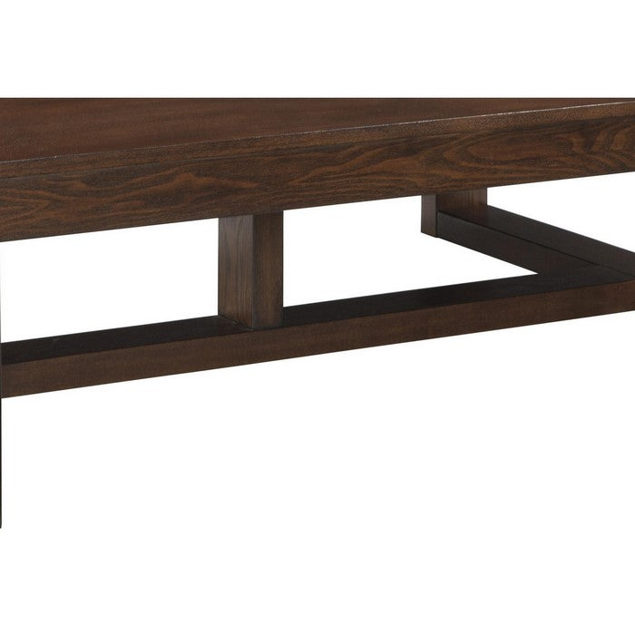 Grained Wooden Frame Cocktail Table with Trestle Base, Dark Brown