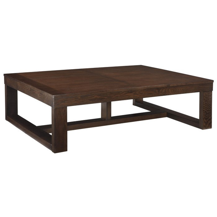Grained Wooden Frame Cocktail Table with Trestle Base, Dark Brown