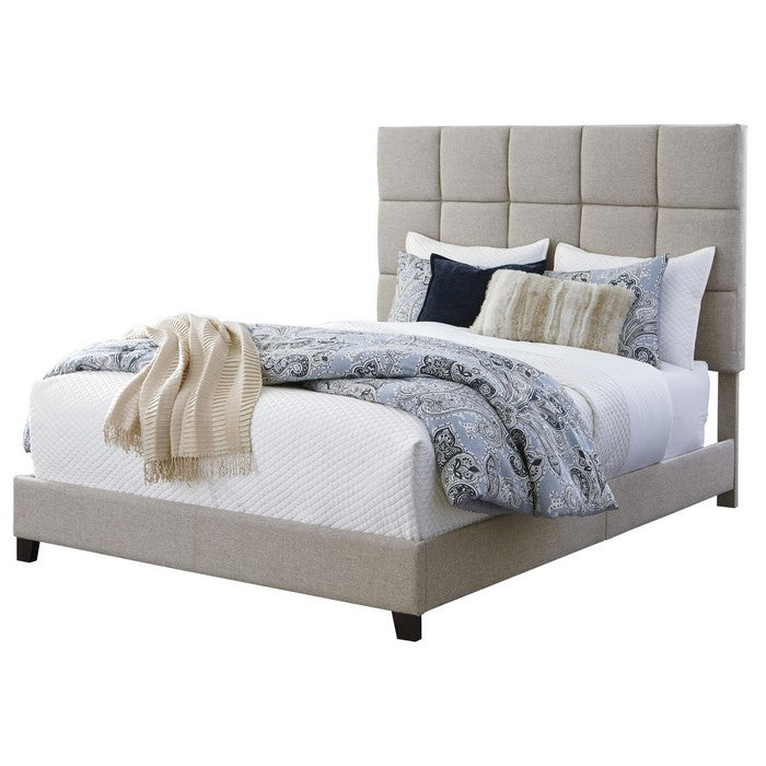 Fabric Upholstered Wooden Queen Sized Bed with Low Floor Design, Beige