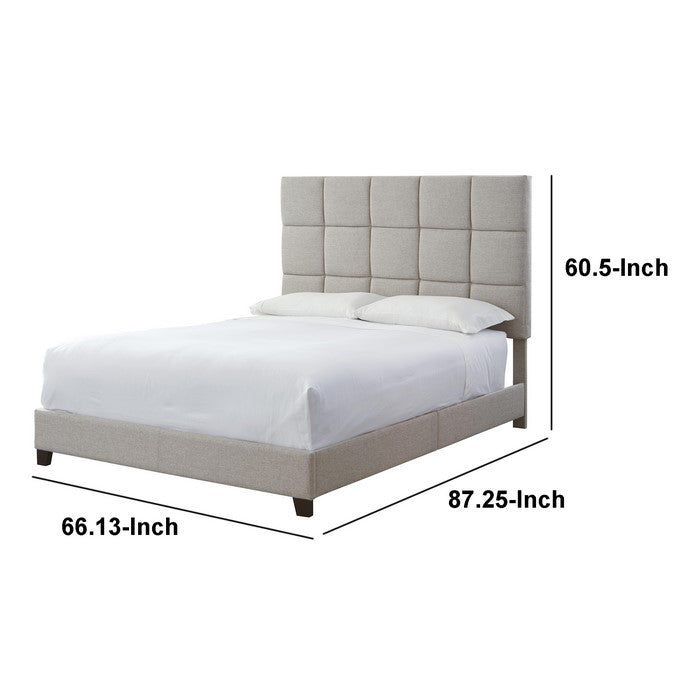 Fabric Upholstered Wooden Queen Sized Bed with Low Floor Design, Beige